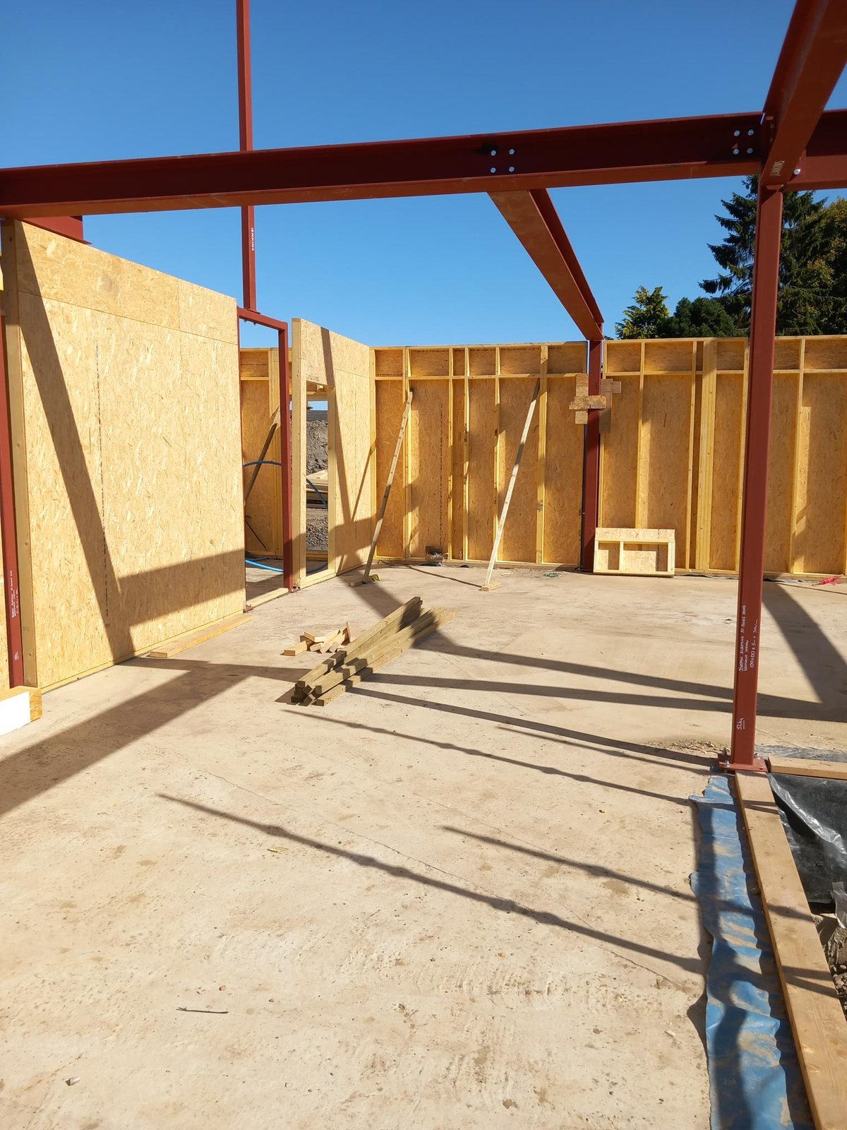 Ground floor open panel timber frame walls, sheathed in OSB, standing on the slab within the red structural steel frame under a blue sky
