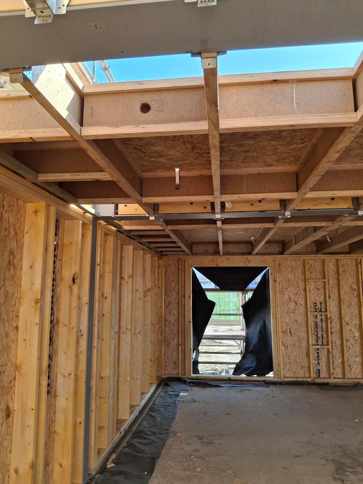 Looking along the ground floor of a timber frame house under construction: OSB-sheathed open panel stud walls, metal-web floor joists and a steel beam overhead, with scaffolding and site fencing visible through the door opening